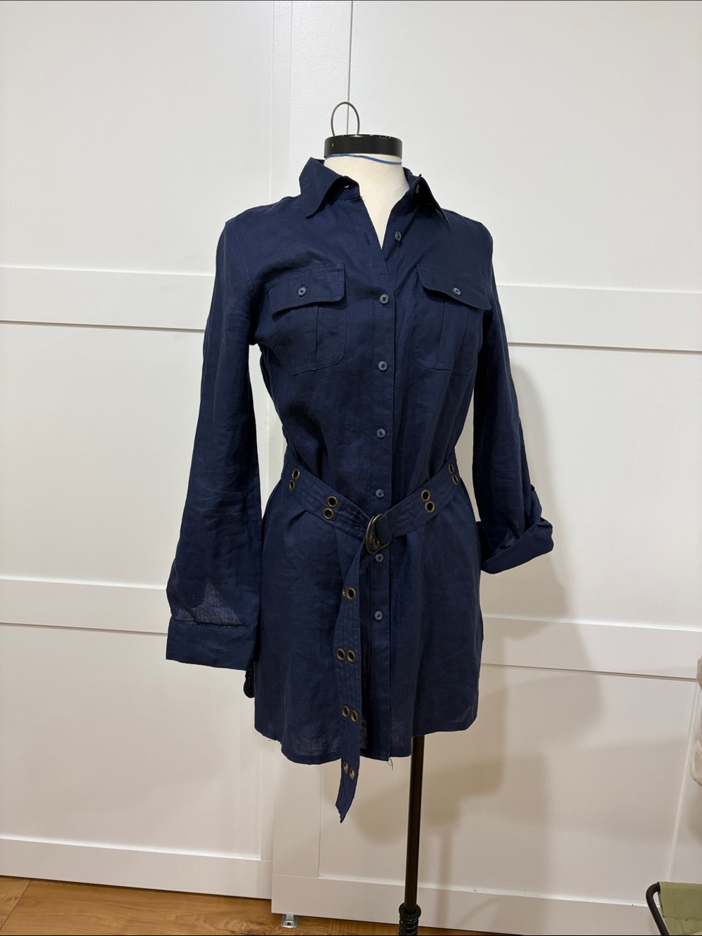 TWEEDS linen Navy Button-Front Shirt Dress with belt size medium M